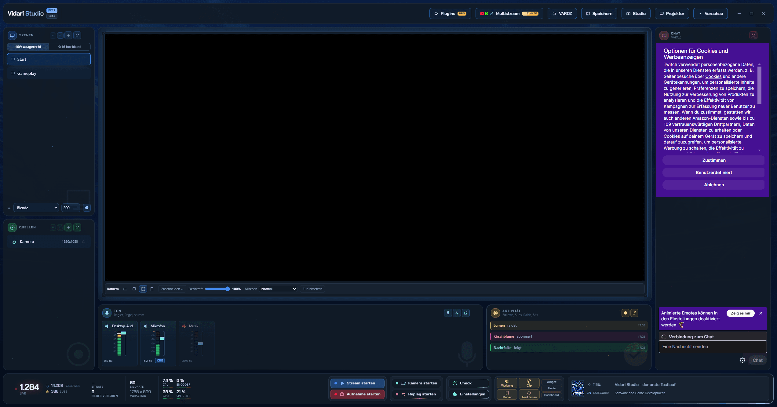 Vidari Studio: Szenen, Quellen und Mischpult um eine Vorschau des laufenden Streams
