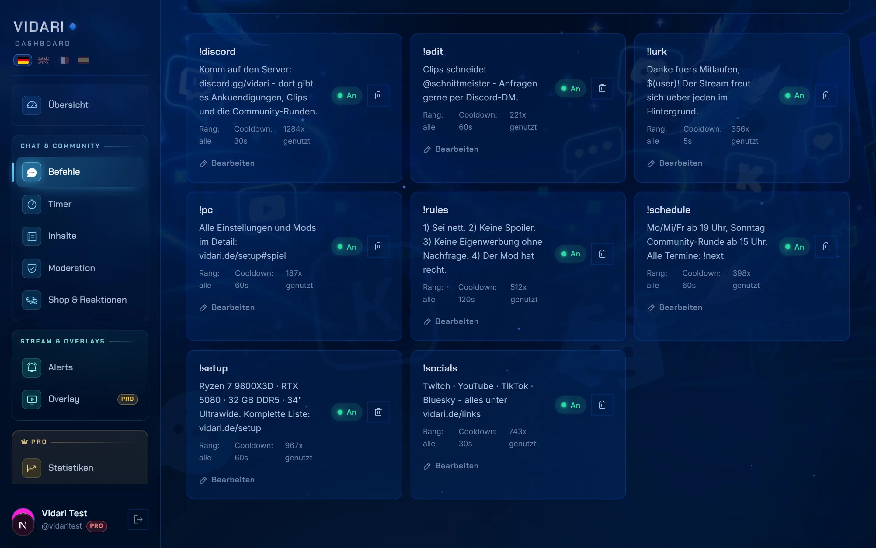 Das Dashboard – Eigene Befehle: Anlegen, bearbeiten, an- und ausschalten – mit Rang, Cooldown und Zählwerk, wie oft jeder Befehl gelaufen ist.