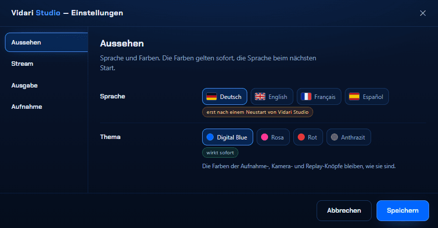 Einstellungen: Sprache und die vier Themen Digital Blue, Rosa, Rot und Anthrazit