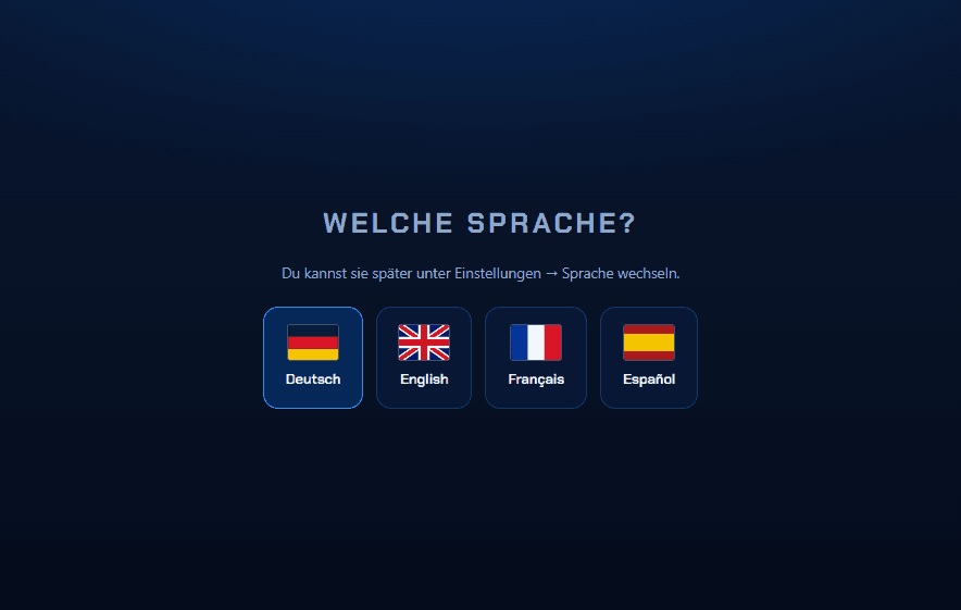 Sprachwahl beim ersten Start mit Flaggen für Deutsch, Englisch, Französisch und Spanisch